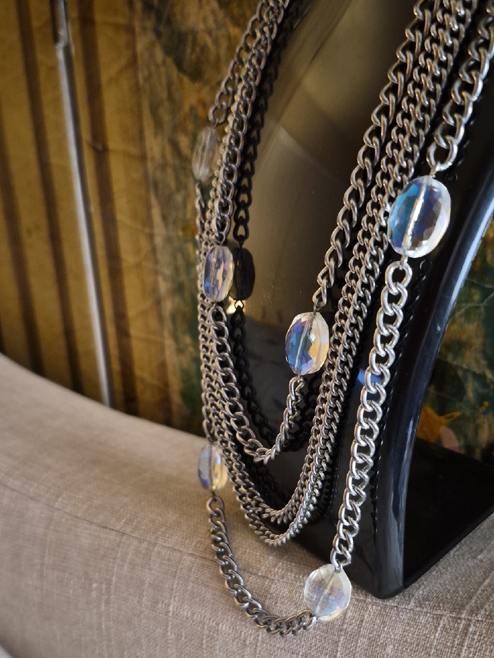 Banana Republic Multi Cuban Silver AB Iridescent crystal Beaded Layered Necklace - Picture 6 of 7
